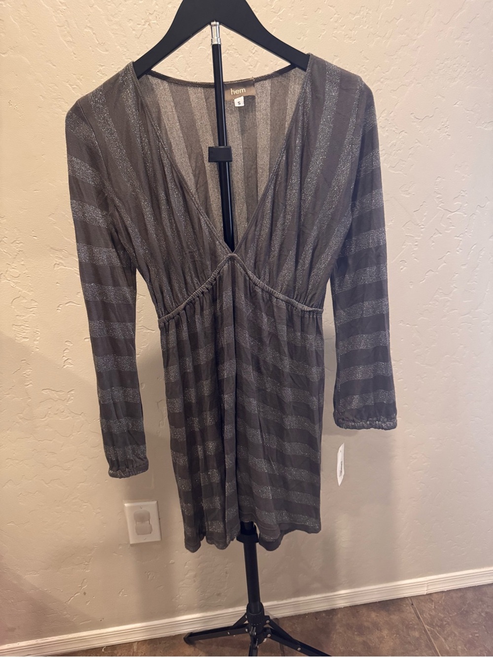 Deadstock Y2K Hem Gray Knit Tunic with Silver Metallic Stripes $66